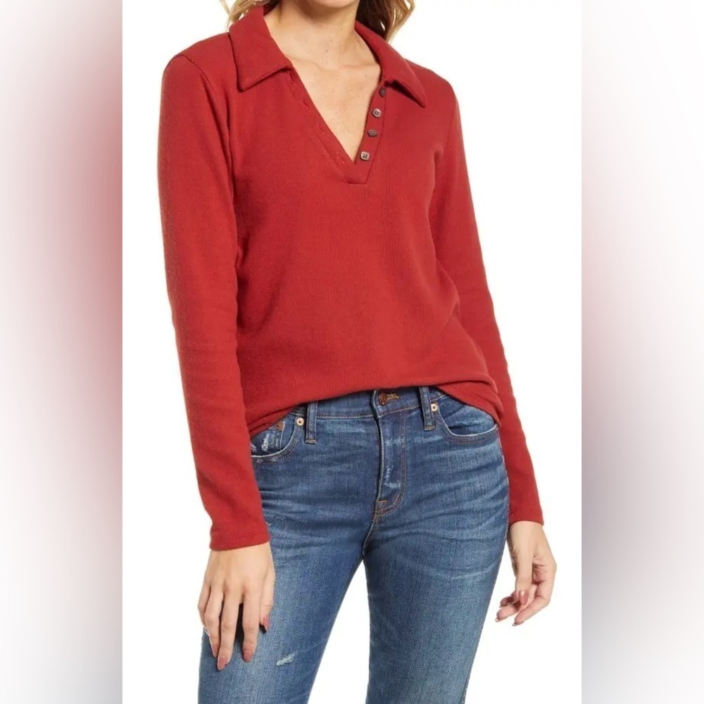 Madewell Red V-Neck Button Collared Long Sleeve Shirt Light Sweater Size Medium